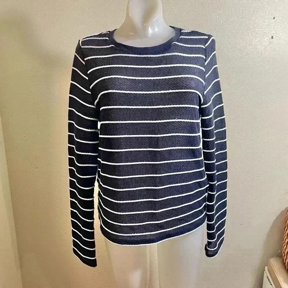 Topshop Size 8 Nautical Striped Sweater Top Navy Blue White Semi-Sheer